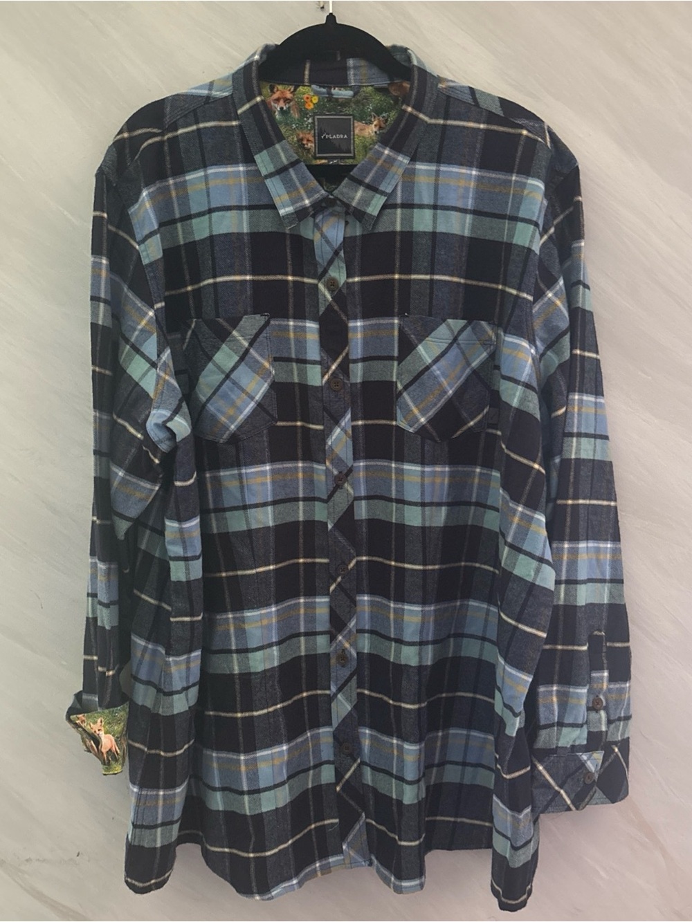 PLADRA Woman’s 3X Blue Plaid Floral Fox Flip Cuffs 100% Cotton Flannel Shirt